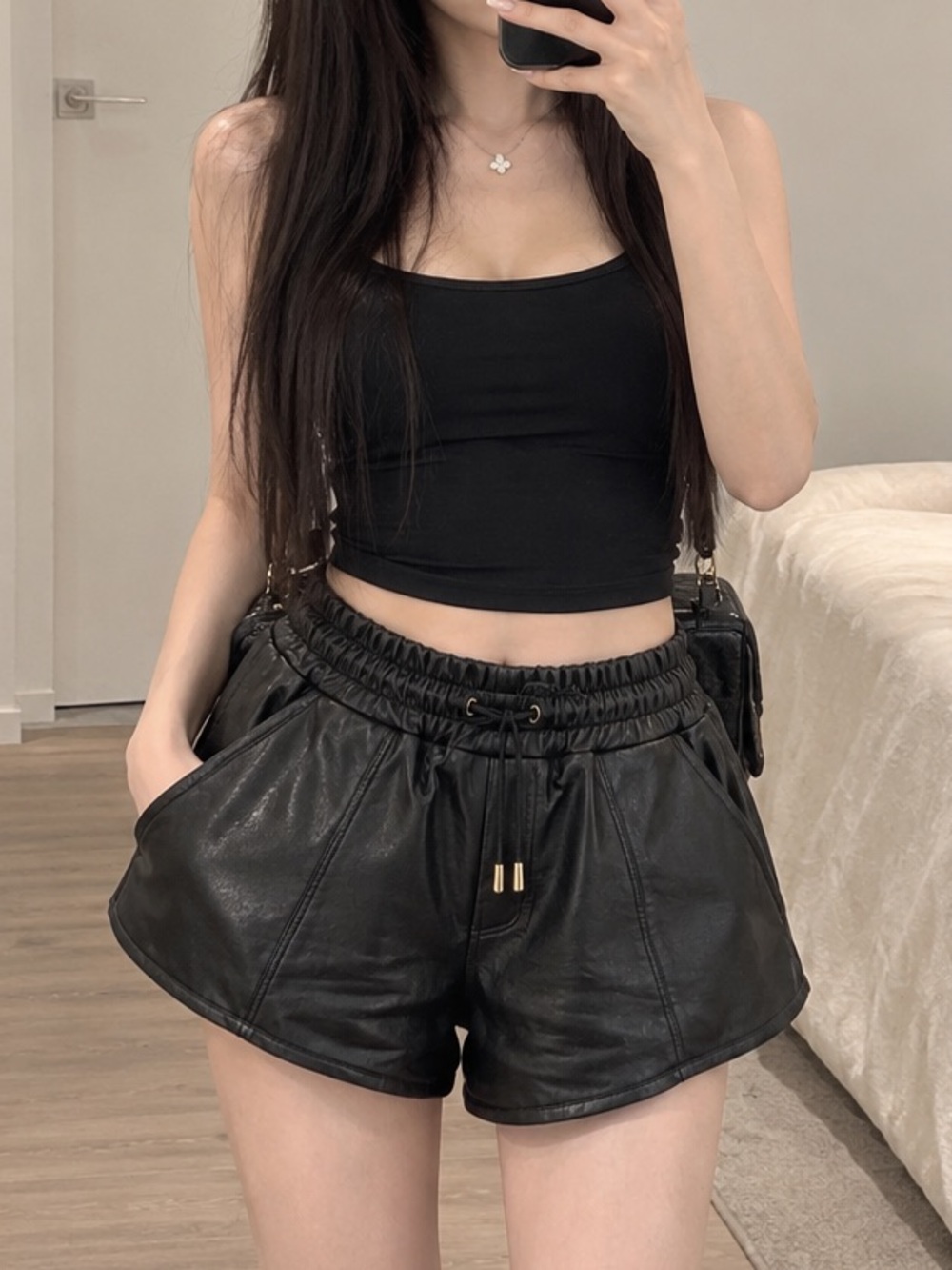 Black Genuine Leather Shorts High Waist Drawstring Y2K Moto Hot Pants XS/S